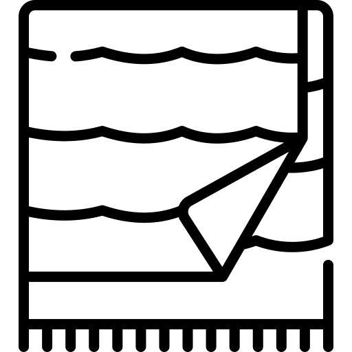 Line drawing of a folded blanket or towel with wavy lines, fringe at the bottom, and a corner turned up to show the reverse side.