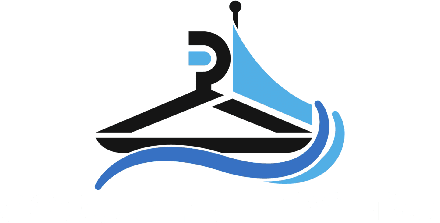 Logo featuring a black hanger with a "P" on top, blue water splash accents, and partially visible text "GOOD OL' CLEANER" at the bottom.