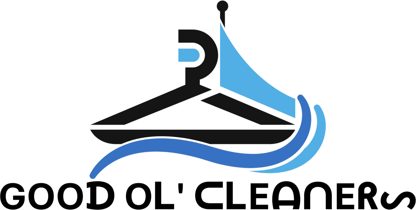 Logo for "Good Ol' Cleaners" featuring a hanger design with blue and black elements and a stylized wave, suggesting laundry or dry cleaning services.
