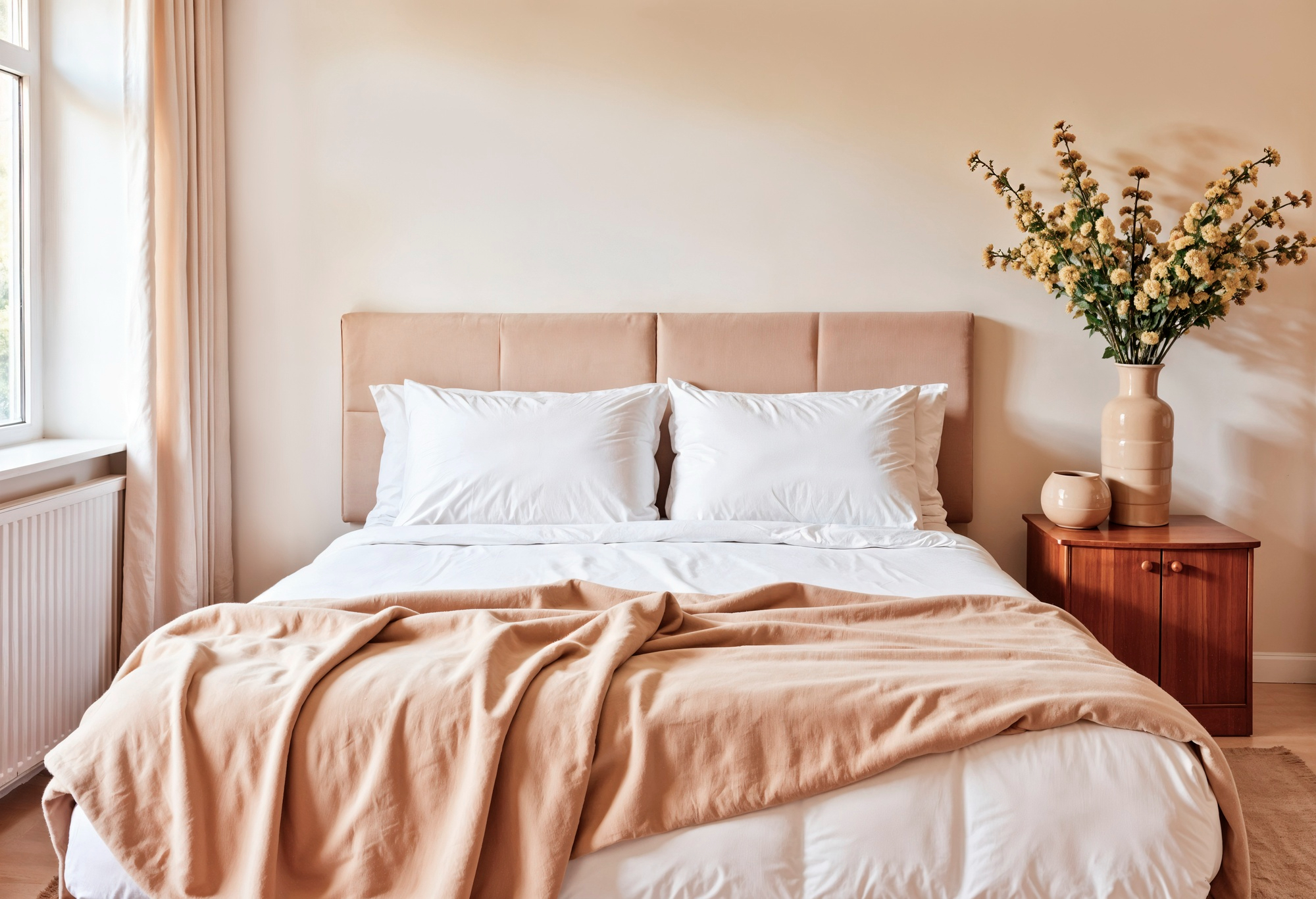 A neatly made bed with white linens and a beige blanket, next to a wooden nightstand with a vase of yellow flowers in a softly lit bedroom.