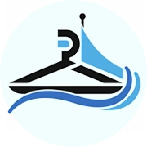 A stylized logo featuring a hanger, the letter "P," a blue sail, and two blue curved lines resembling waves.