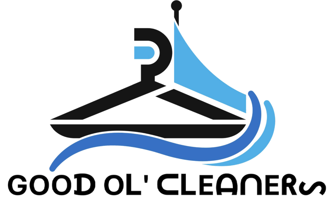 A logo featuring a black clothes hanger with blue accents, a blue steam or water swoosh, and the text "GOOD OL' CLEANERS" below.