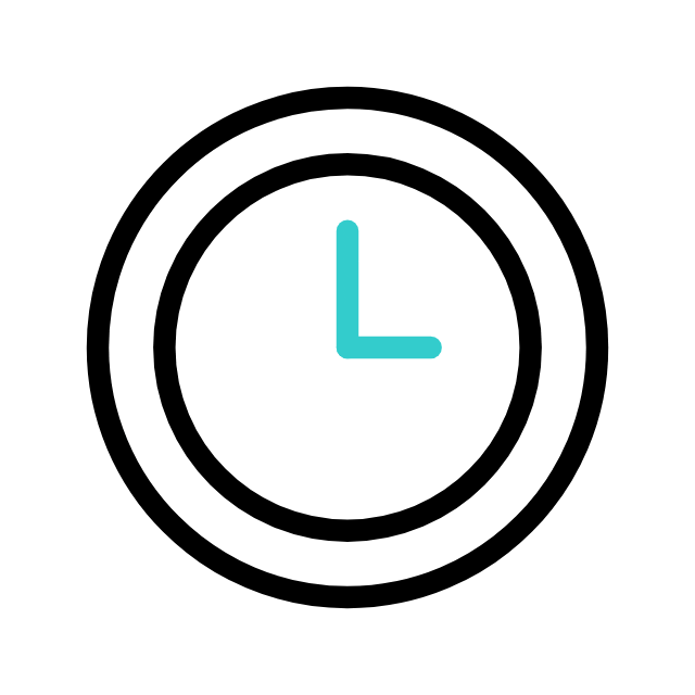 A simple clock icon with black outline and blue hands pointing to 12 and 3, indicating 3:00.