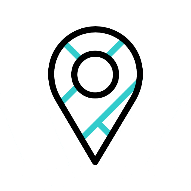 A black map pin icon with blue lines representing streets or routes inside the pin shape, on a white background.